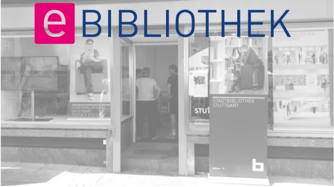 eBibliothek Stuttgart Logo. Im Hintergrund ist der Eingang der Servicestation Rathauspassage