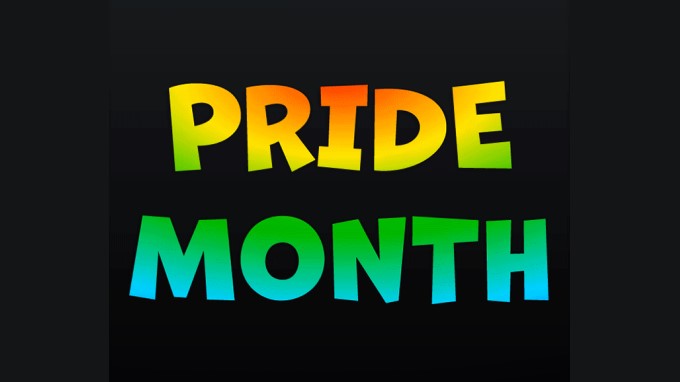 Pride Month Schriftzug in Regenbogenfarben vor einem schwarzen Hintergrund